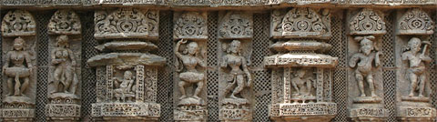 Figures playing different musical instruments on wall of Dancing Hall